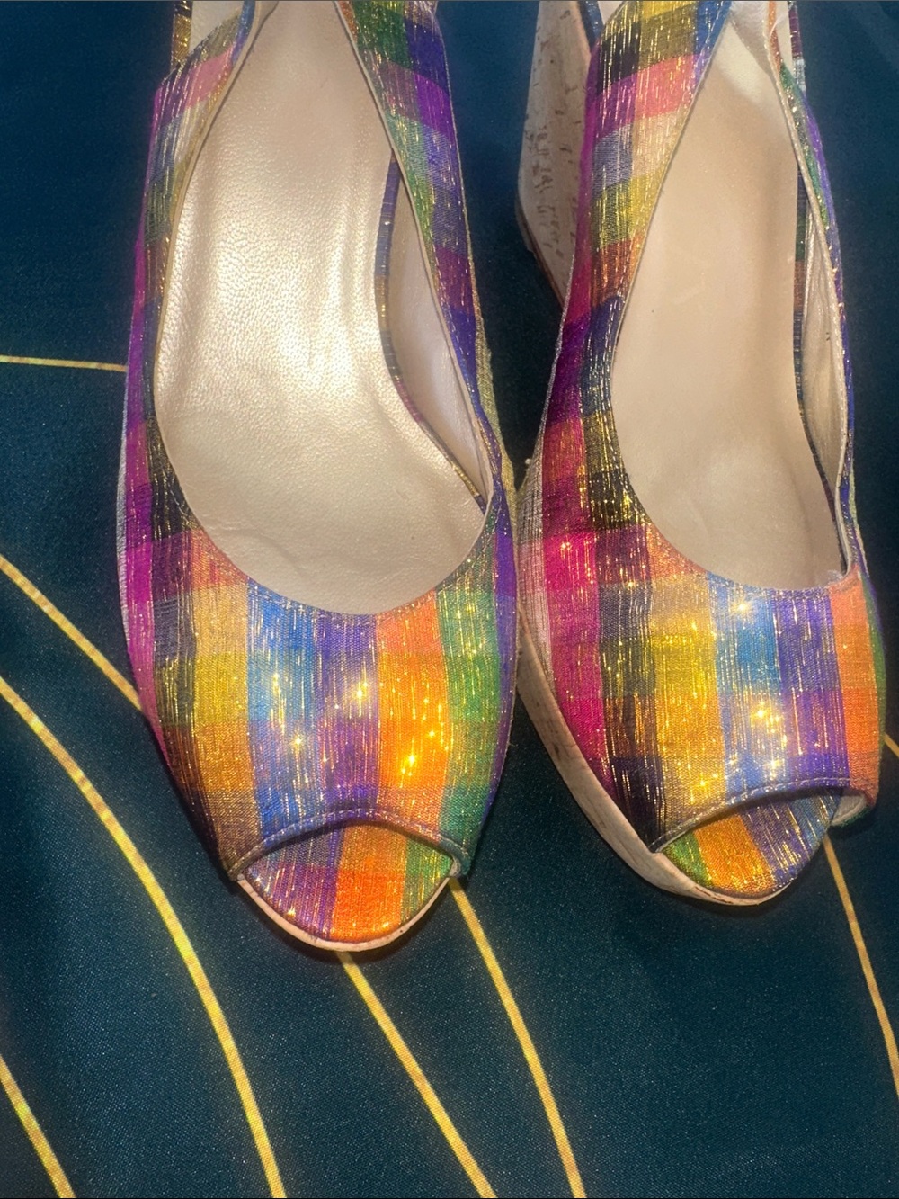 Stuart Weitzman Multicolor Plaid Cork Wedge Sandals - Picture 6 of 10